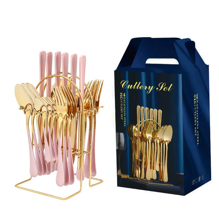 

High quality dinnerware gold pink handle cutlery set wedding with stand, Golden