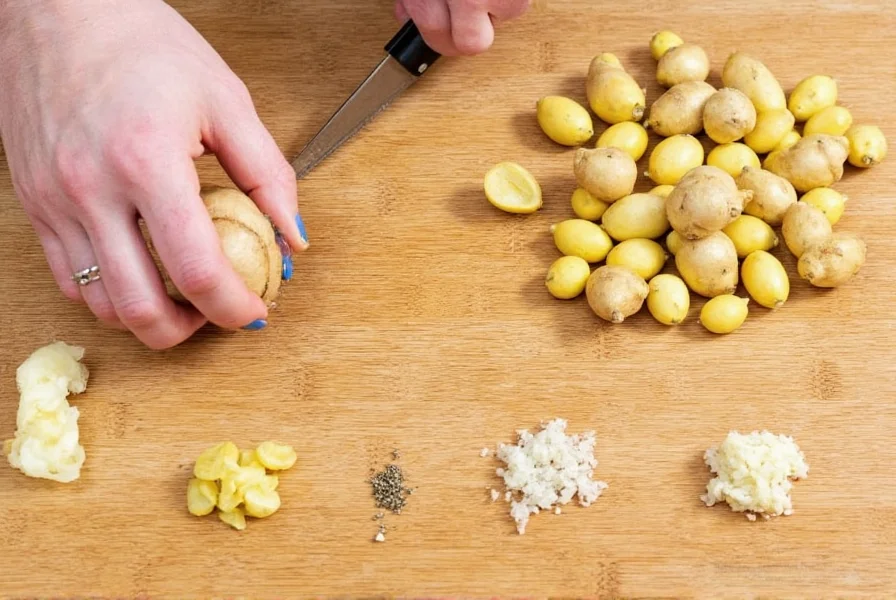 Chef grating fresh ginger root next to various substitute options on wooden cutting board