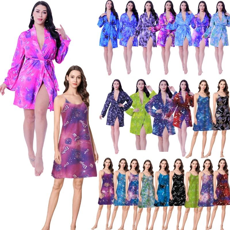 

Zodiac Robe And Slip Dress Pajamas Set Women`s Sleepwear Satin Robes Wear Gown Zodiac Sign Night Gown, Picture shows or custom