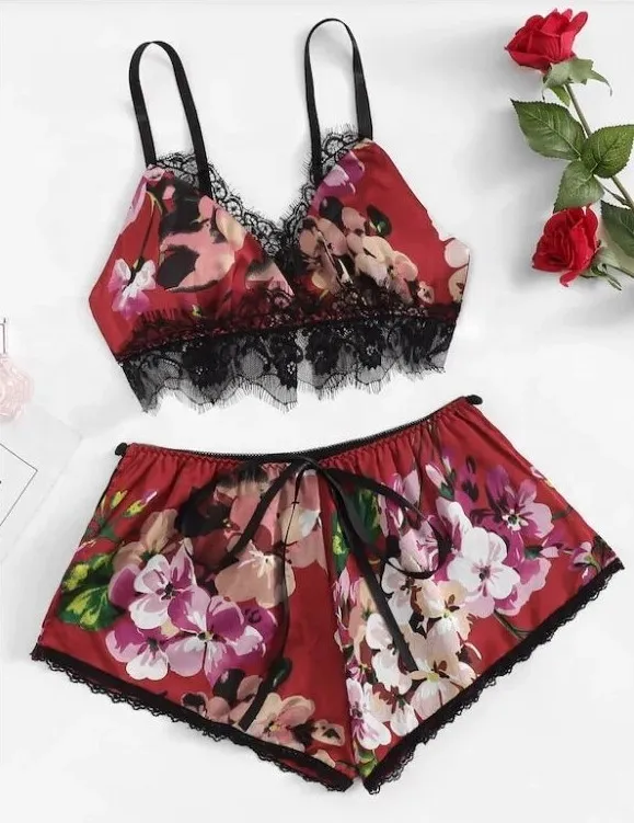 

SFY764 women satin printing short and bra pajama silk lingerie set underwear pajamas Hot sale products