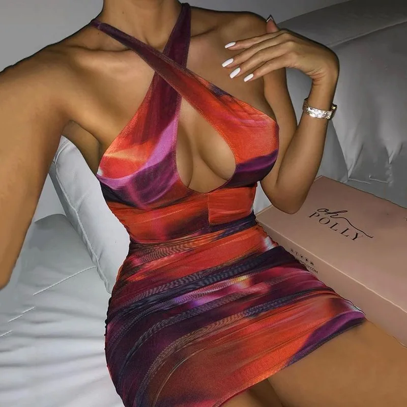 

Printed halterneck skirt sexy tight-fitting open back wrapped chest bag hip skirt