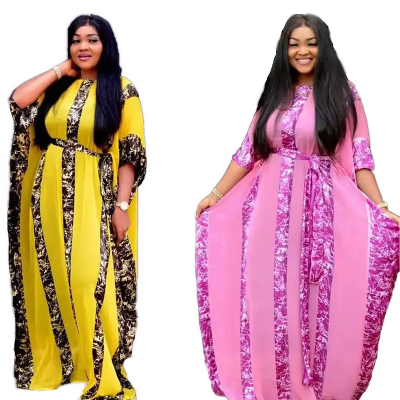 90820-MX49 loose two piece set ladies chiffon long dresses with sashes
