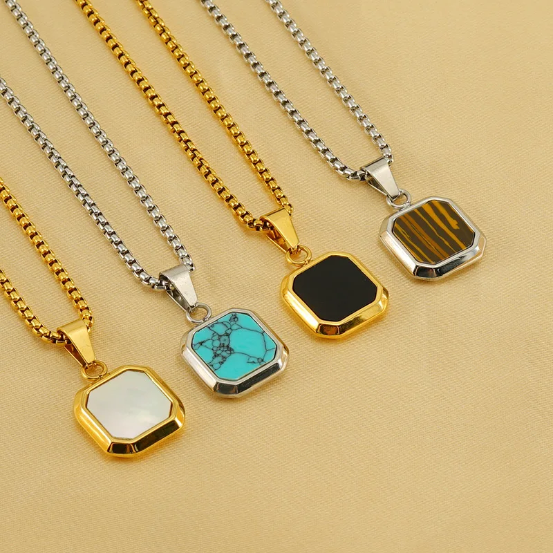 Hot Titanium Steel Chrome Style Hip Hop Blue Turquoise Black square Pendant for Man Fashion Chain Trinket Necklace Heart Jewelry