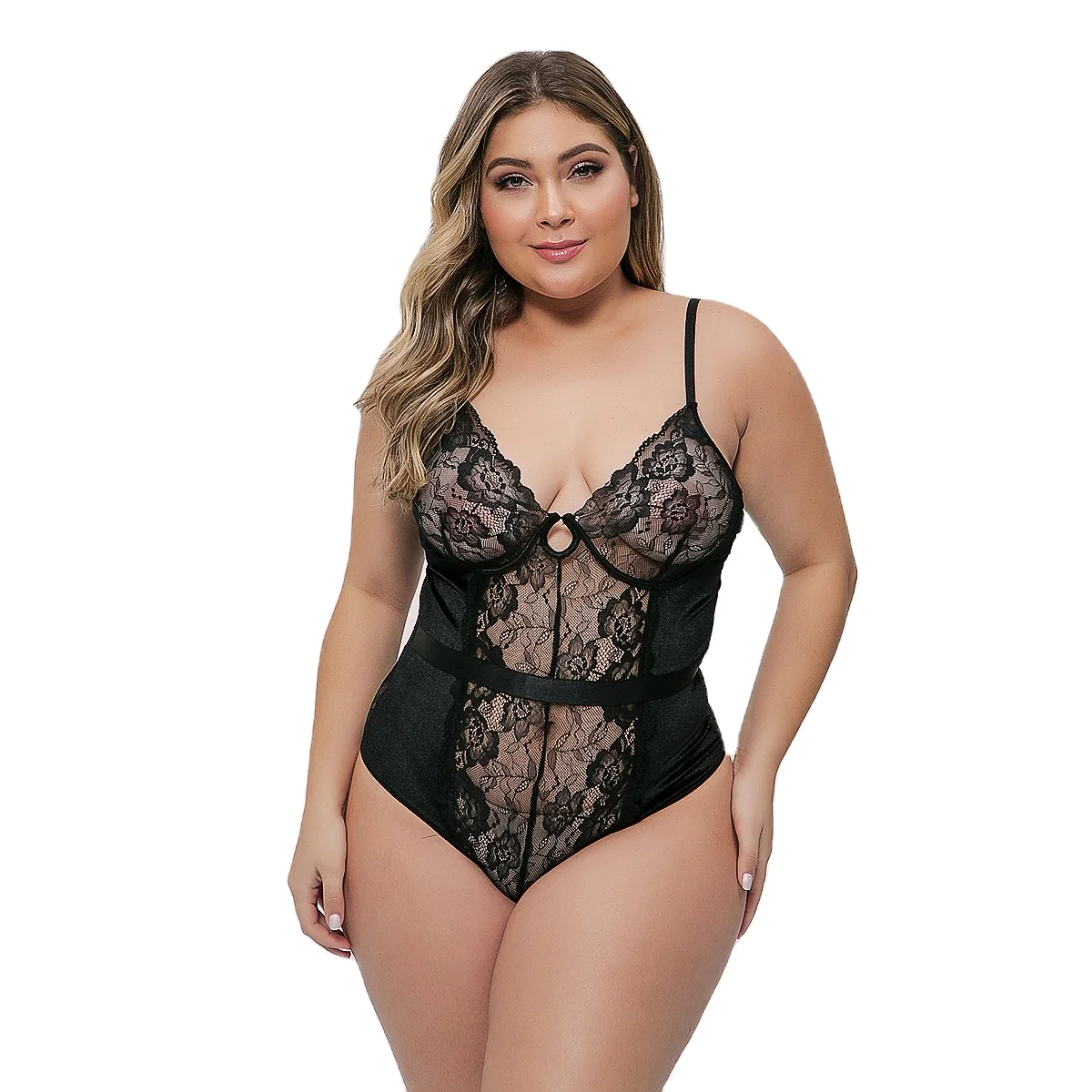 

Plus size sexy deep V back cross - band perspective flower jumpsuits, Black