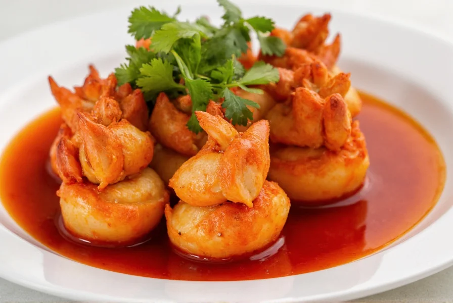 Close-up of mini chili crab claws in glossy red sauce with fresh cilantro garnish on white plate