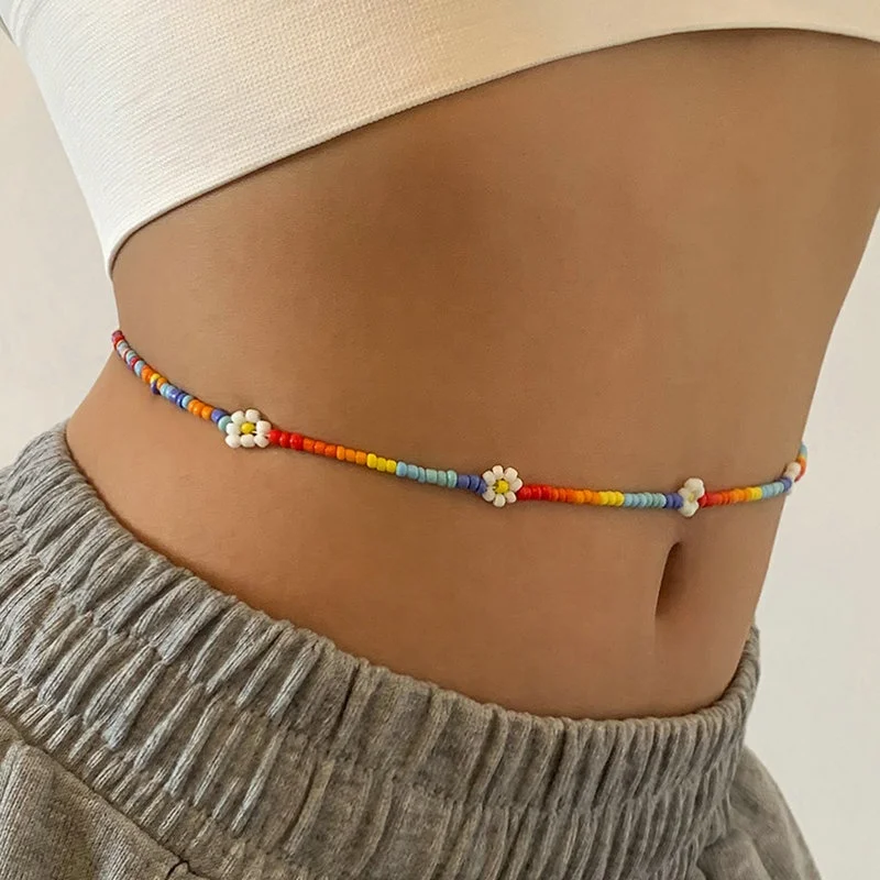 

Daisy Flower Charm Body Chain Jewelry Adjustable Rainbow Belly Waist Beads Wholesale with Clasp for Women Weight Loss, Colorful