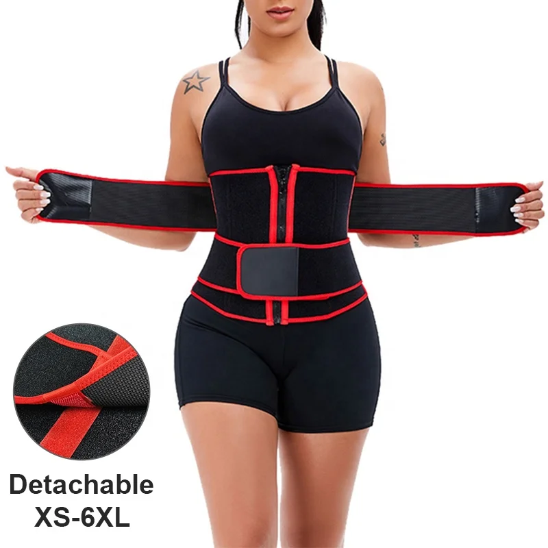 

Dropship Thick Plus Size XS Red Sweat Sauna Shaper Fajas Gaine Zip Trimmer Double Belt Women Neoprene Detachable Waist Trainer, Black