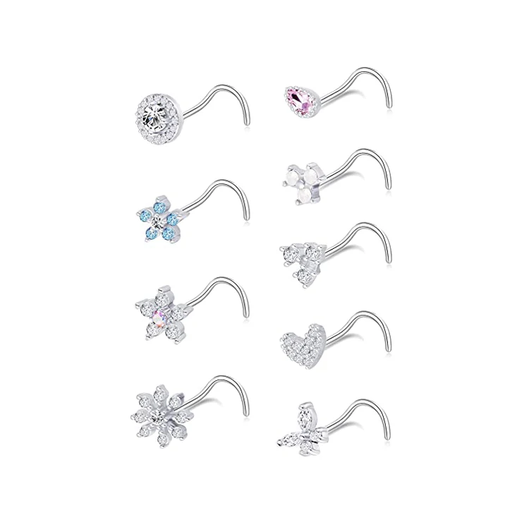 

Hot Sale Full Diamond Screw Shaped Nose Ring Piercing Jewelry Stainless Steel Shiny CZ Snowflake Butterfly Flower Nose Stud