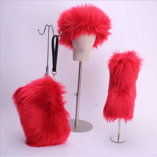 

winter matching color purse headband and boots sets plush ankle shoes color faux furry fur snow boots for women ladies fur boots, 20 colors