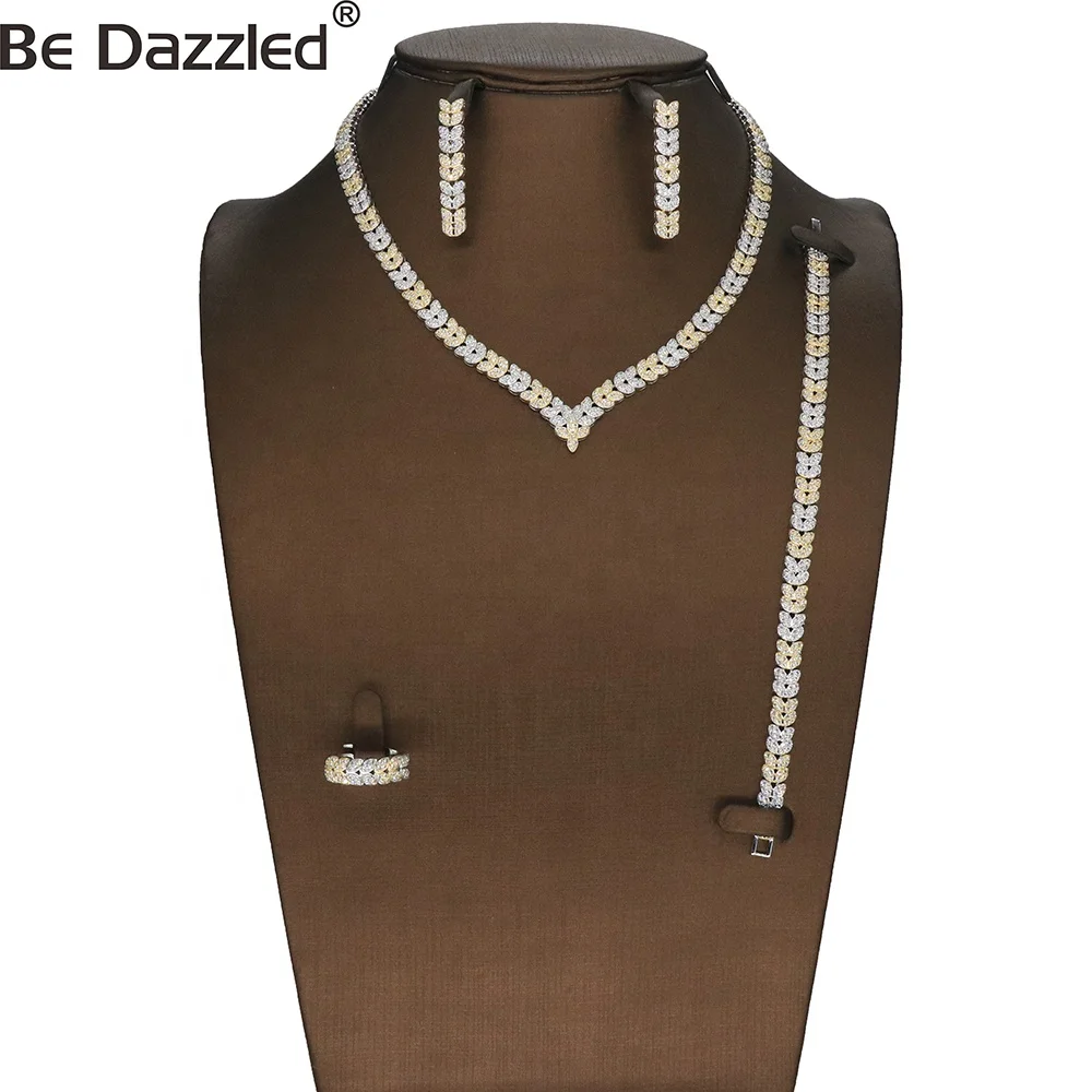 

Middle East And Africa Luxury Full Pave Zirconia Diamond Two Color Mix Necklace Bracelet Earring And Ring 4 Pieces Jewelry Set