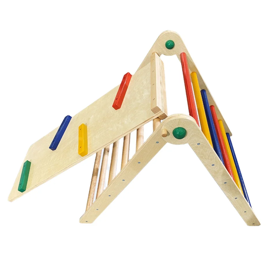 

High Quality Wood Kids Indoor slides climbing frame triangle, Natural and colorful