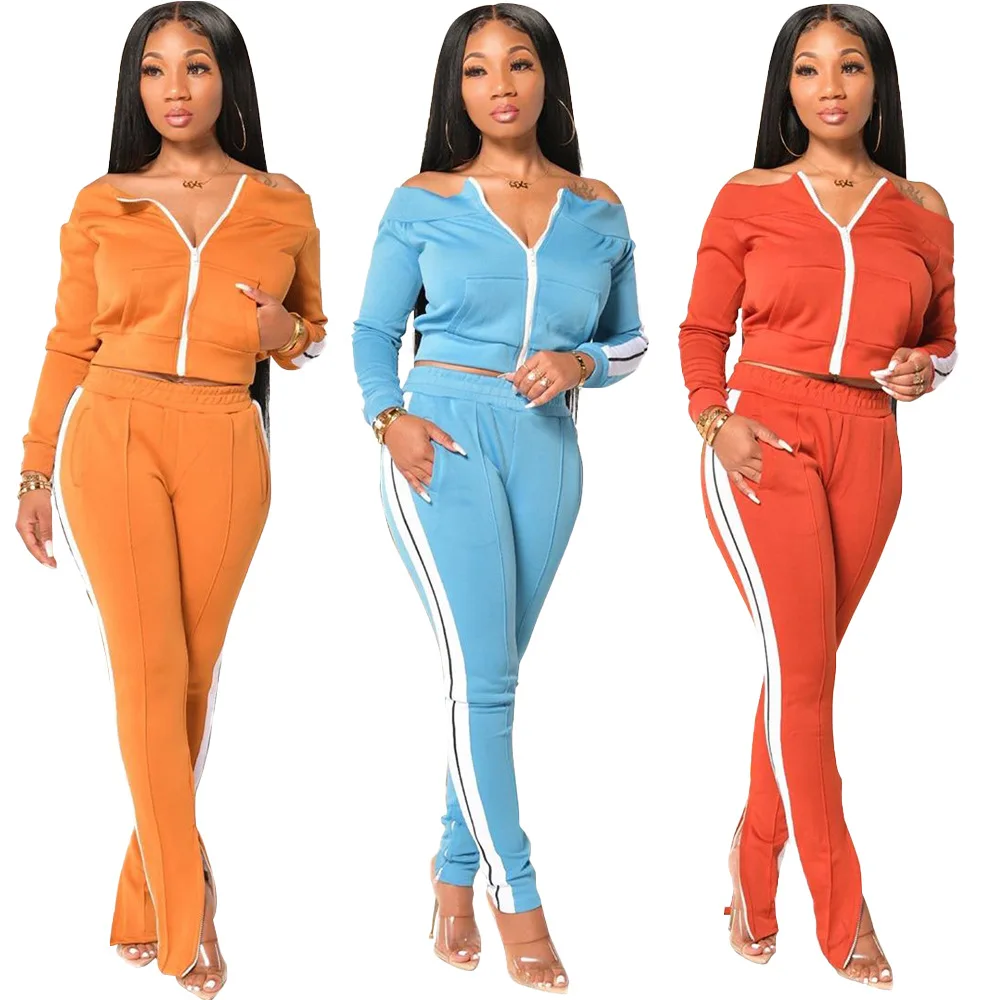 

Simple Stripe 3 Colors Zipper Lucky Label Women 2 Piece Set Clothing Winter Joggers Two Piece Set For women