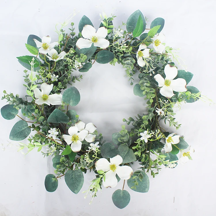 

Spring artificial dogwood flower and eucalyptus leaves wreath for front door decor romantic artificial flower wreath, Pink,white --- customizable