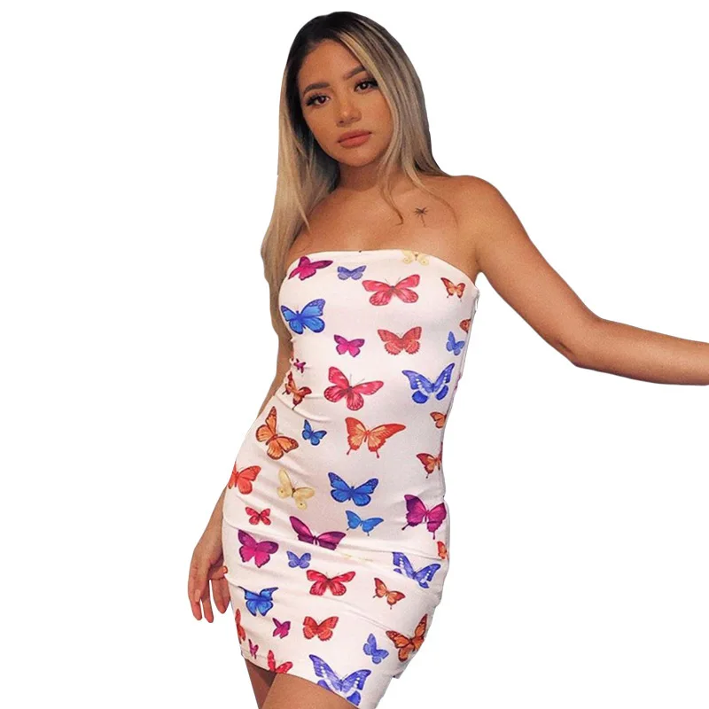 

FREE SAMPLE JHTH 2020 new arrivals dresses women casual butterfly printed tube bodycon mini ladies dress