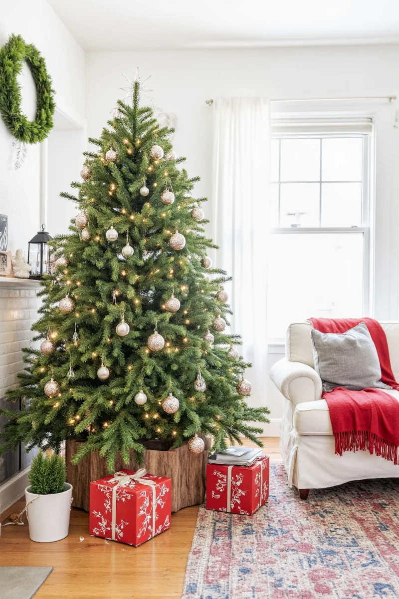 Family-friendly living room decorated with Christmas greenery