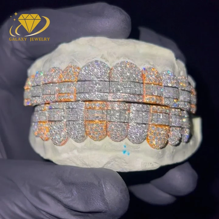 Factory Custom S925 Silver Two Tone Moissanite Grillz 8 on 8 Princess Cut Invisible Set Grillz for Teeth
