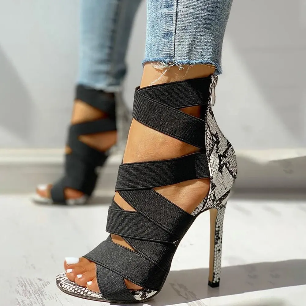 

high heel sandals Summer New European and American Fashion Snake Pattern Hollow Elastic Band Thin Heel Women's Large Size Sandal, Black