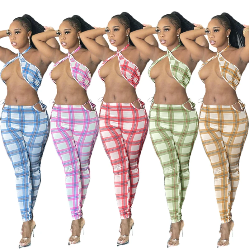 

2021 Cross Neck Women Sleeveless And Long Pant Sets Punk Style Plaid Bandage Suitable Sexy Gym Sport Bandage Two Piece Set, Picture