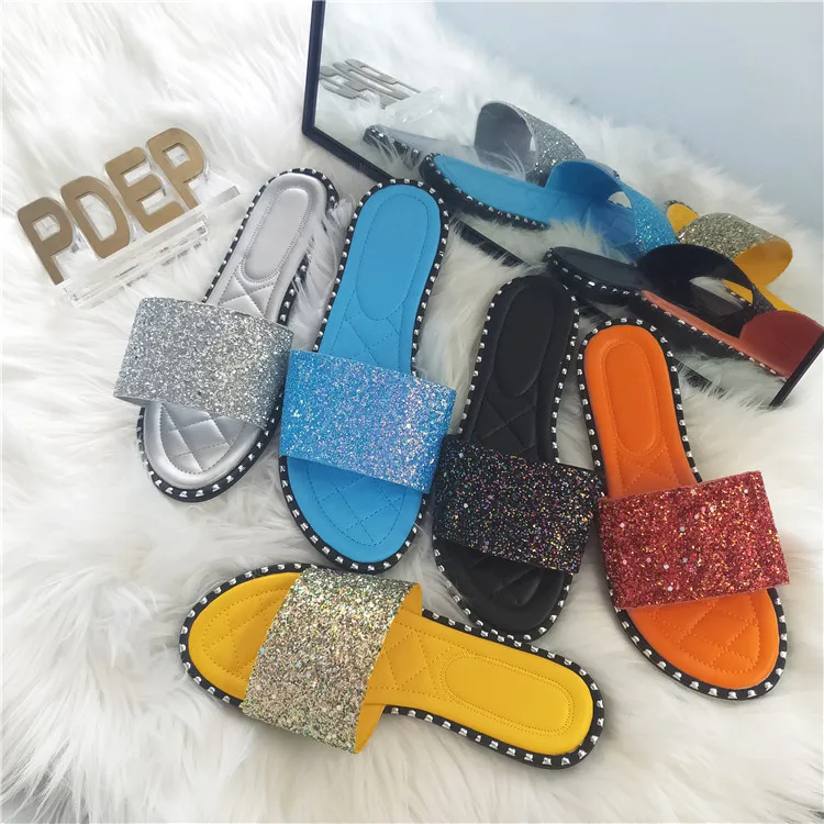 

PDEP August new styles women rhinestone sandals hot sale ladies slippers and slide beach summer shoes, Black,gold,silver,yellow,blue