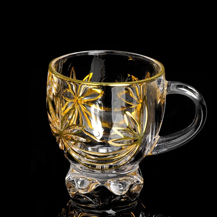 

Luxury gold line flower pattern design crystal glass tea mug cup saucer with handle, Transparent with golden line