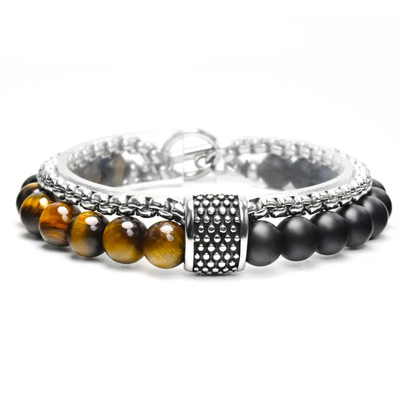 

Latest Men Jewelry Tiger Eye Stone Men's Beaded Bracelet Stainless Steel Chain Bracelet For Men Gifts