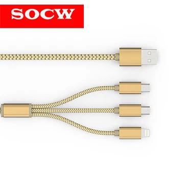 

New design cable 3 in 1 fast charging and data transfer cable with nylon braided 3A by SOCW, Black white