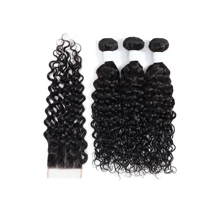 

10a water wave human hair bundles with closure 4X4 brazilian double drawn virgin hair bundles wholesale virgin hair vendors