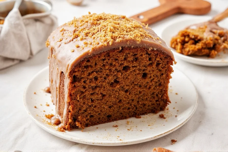 Ginger cake layers stacked with cream cheese frosting between layers and decorative swirls on top