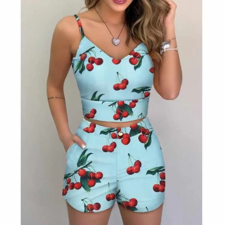 

Ladies plant print suspender suit shorts short sleeve shorts two-piece suit