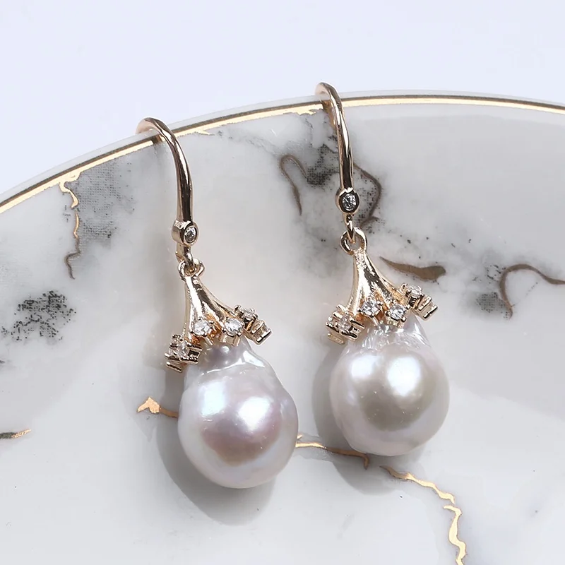 

10-11mm real natural freshwater edison pearl micro paved genuine drop pearl teardrop earrings, White