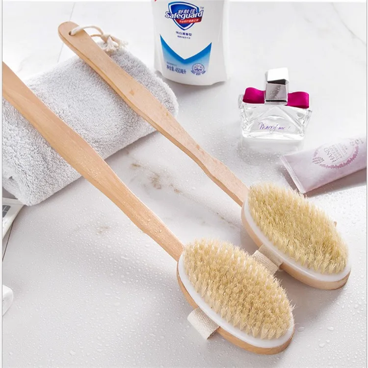 

D2408 Wholesale Bathroom Supplies Long Handle Wooden Bristle Body Brush Massage Bath Shower Back Spa Bath Brush