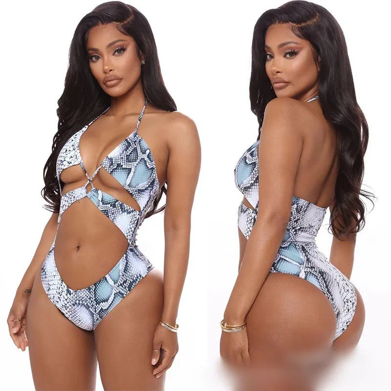 

Free Shipping one piece high cut micro snake skin print bikini one piece thong bikini swimwear bathing suit