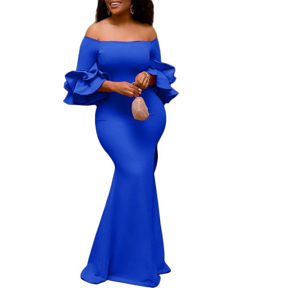 

2021 New Amazon Ebay One-neck Solid Color Evening Dress America And Africa Plus Size Dress, Picture