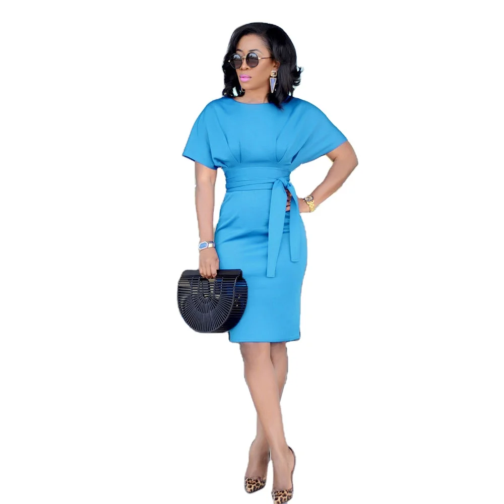 

Low Price Dress Pure Color Short Sleeve Midi Dress O-neck High Waist Women Office Lady Women Dress