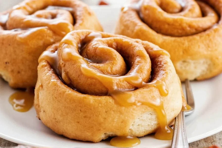 Homemade caramel cinnamon rolls fresh from the oven with golden brown tops and caramel drizzle