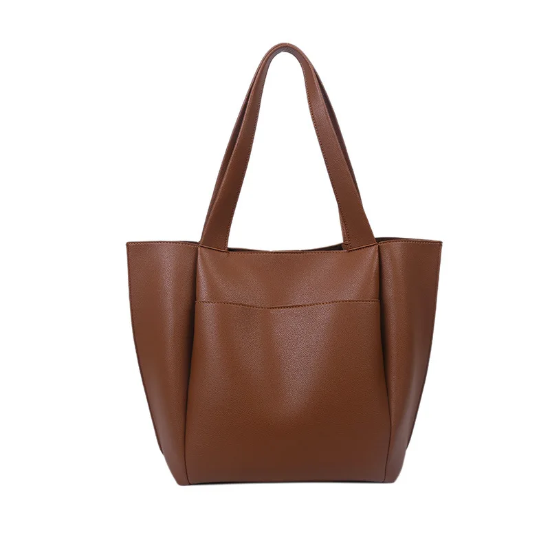 

2021 High-capacity Soft PU Leather Handbags Vintage Shoulder Bag Solid Color Tote Bag
