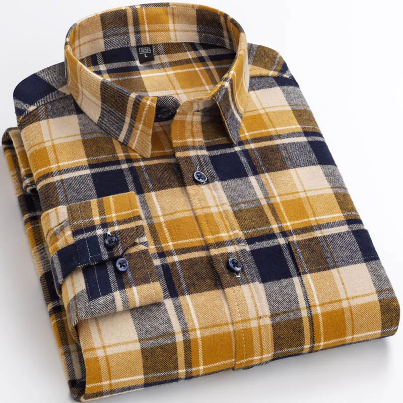 

2021 Pure cotton men's long sleeved autumn casual Scottish Plaid flannel shirts for men, Picture