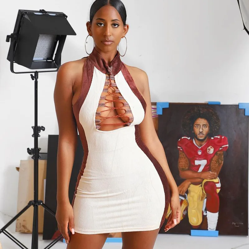 

2020 Sleeveless Turtleneck Patchwork Hollow Out Bandage Mini Dress Autumn Winter Women Fashion Sexy Party Club Outfits, Customized