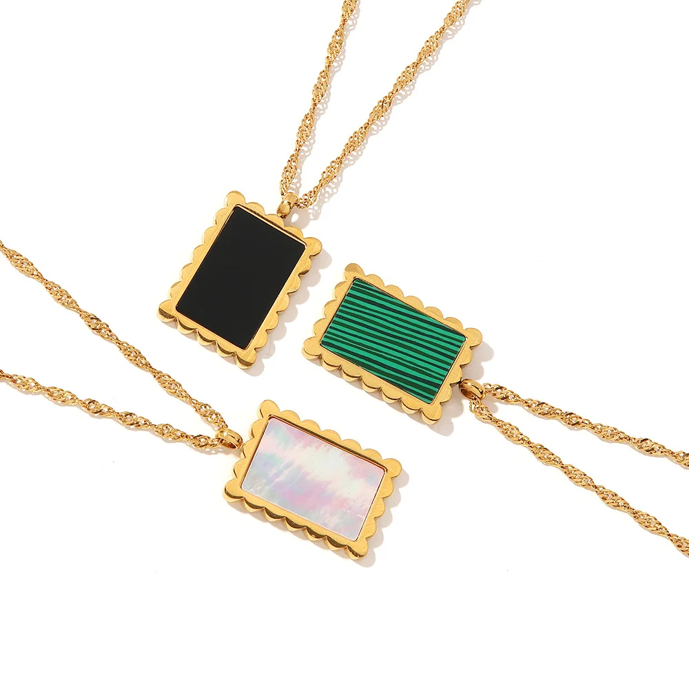 

New Arrival Stainless Steel Black Malachite Square Lace Inlaid White Shell Pendant Necklace