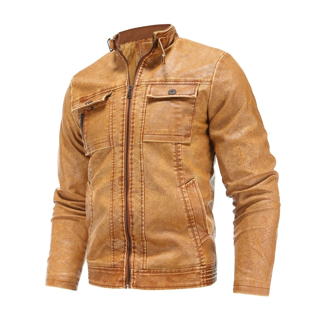 

Male Retro Stand Collar PU Jacket Men Casual Pockets Zippered Leather Jacket, Black/denim blue/yellow