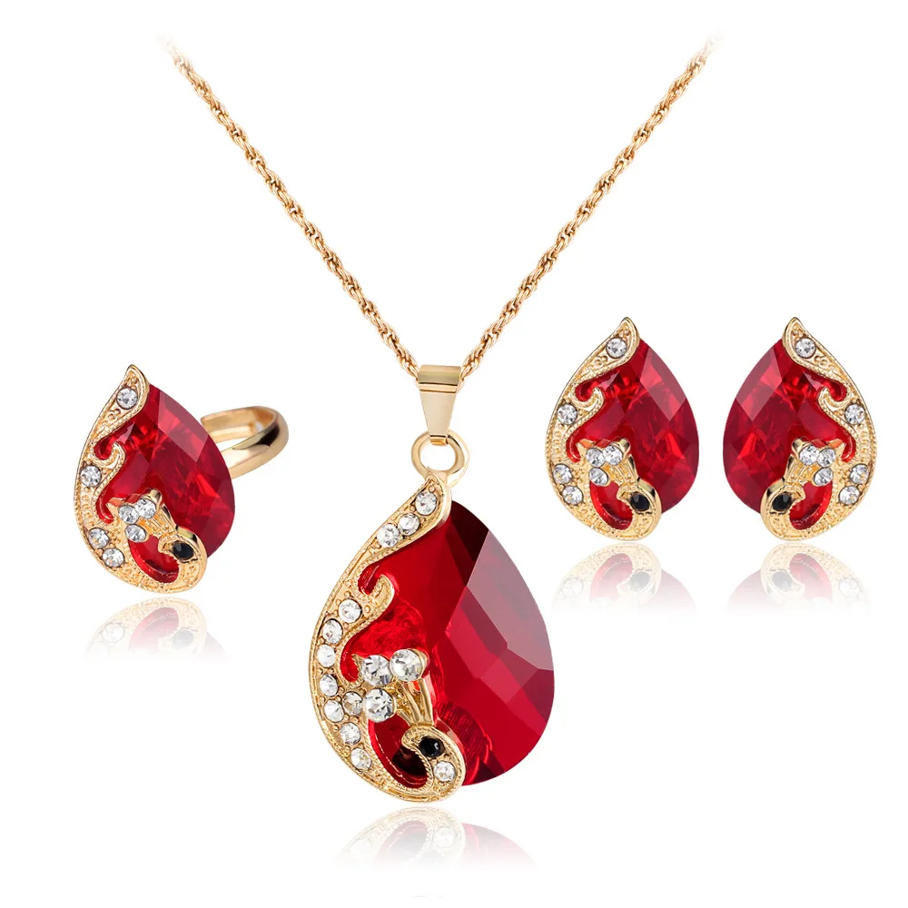 

Pendant Necklace Earrings Ring Set Fashion Alloy Earrings European and American Hot-selling New Three-piece Set Wholesale 43+5cm