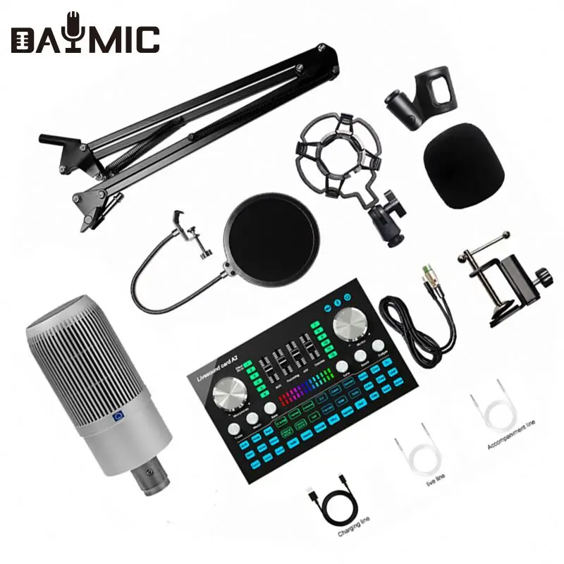 

Professional A2 Sound Card Set Large Condenser Microphone With Audio Interface Earphone for Broadcasting Chat Recording