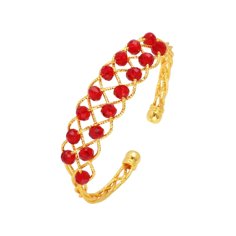 

JSZ-34 Red Stone 24K Gold Plated Cuff Bangle Open Elegant Geometry Gemstone Bangle Women