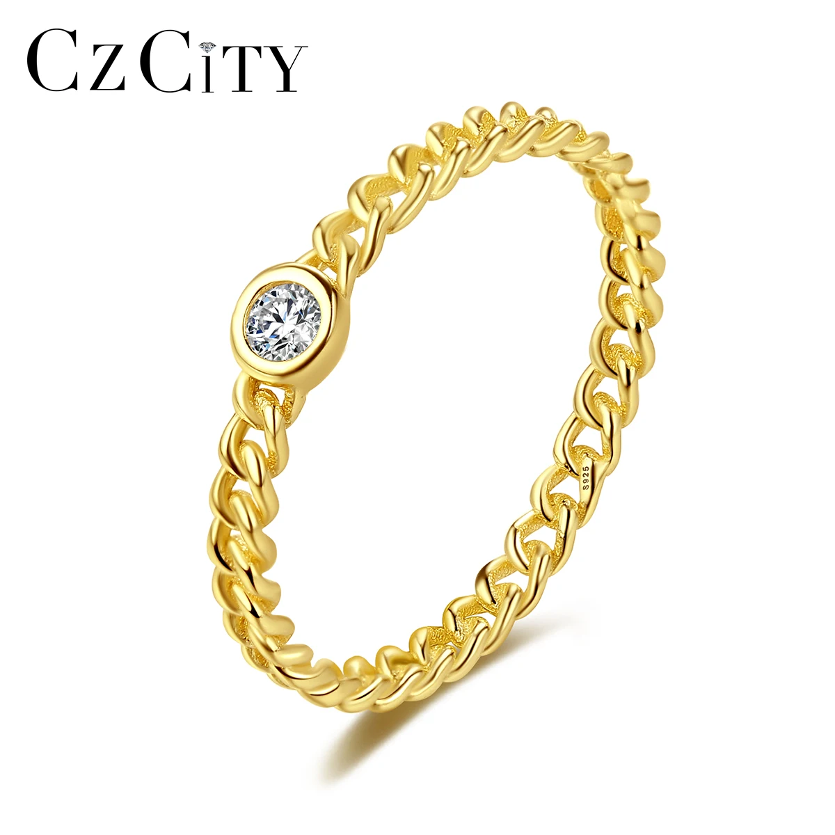 CZCITY One Single Stone Lovers Fashion Zirconia Rings 2023 Gold Plated Simple Chain Ring Women Jewelry