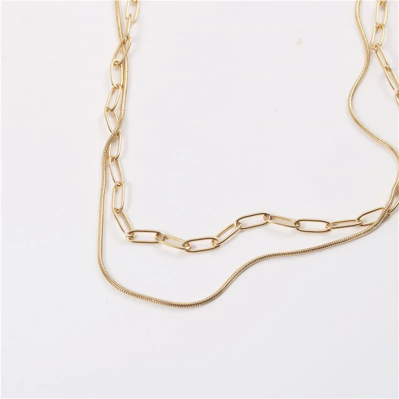 

Tarnish Free 18K Gold Plated Double layer Paper Pin Snake Chain Choker Necklace Stainless Steel Jewelry Wholesale