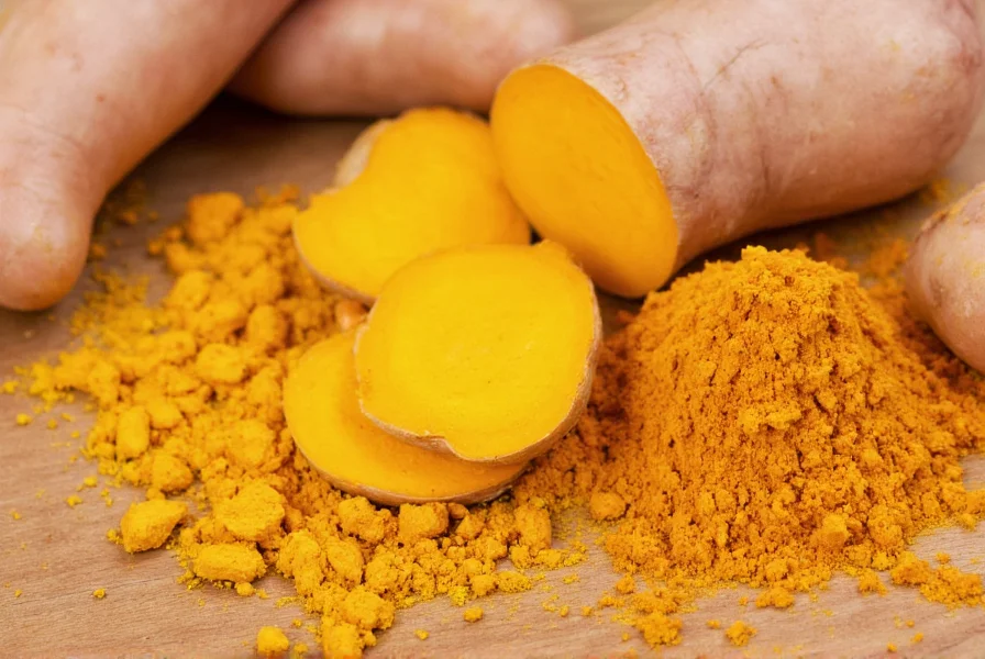 Close-up of fresh turmeric root and ground turmeric powder on wooden surface