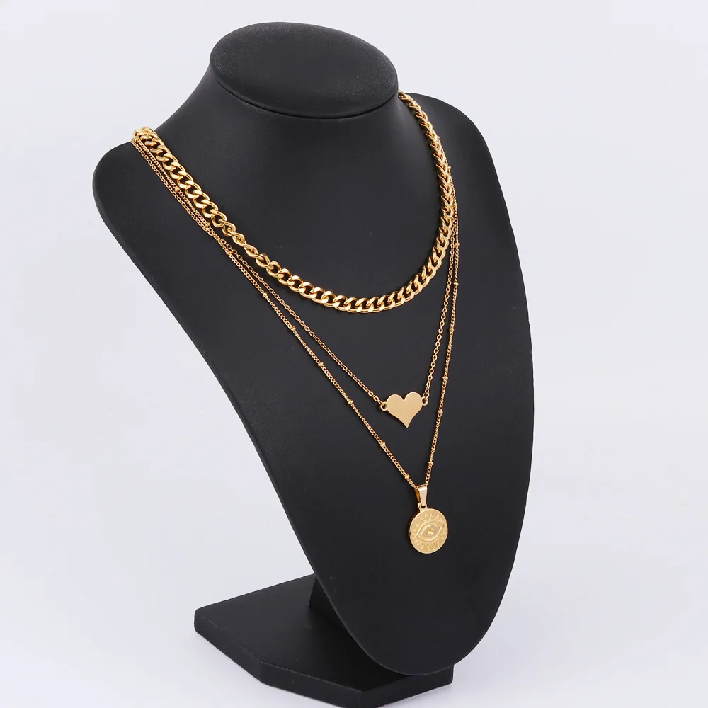 

Gold Plated Jewelry Wholesale Eyes Pendant Cuban Neck Chain layered Necklace