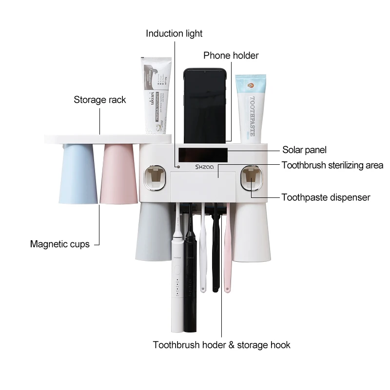 
UV Sterilization Wall Mount Toothbrush Holder Automatic Toothpaste Dispenser With Storage Rack 