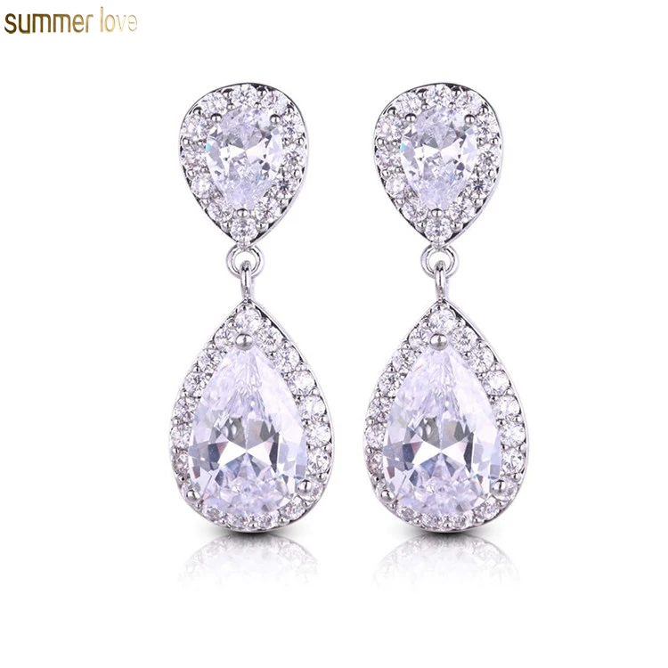 

Fashion Luxury Gold Silver Paved Teardrop Crystal Zirconia Women Bridal Wedding Dangle Stud Earrings Jewelry