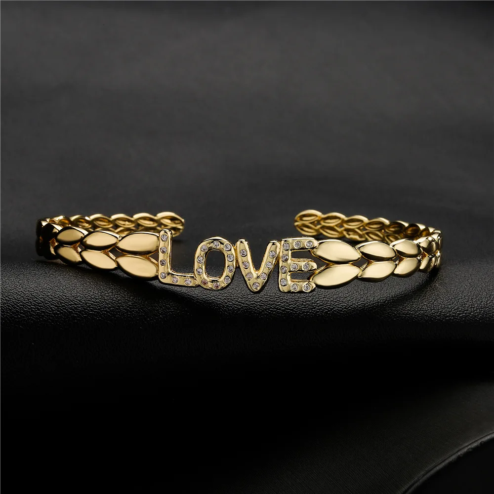 

Real 18k Gold Plated Wheat Leaf Love Open Bangle Bracelet Micro Pave Zircon Letter Love Cuff Bangles, As picture